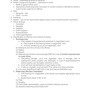 May include: A page from a document titled "Criminal Practice" with numbered sections and bullet points. The text includes legal terms like "arrest," "plea," and "sentence," and lists police rankings.
