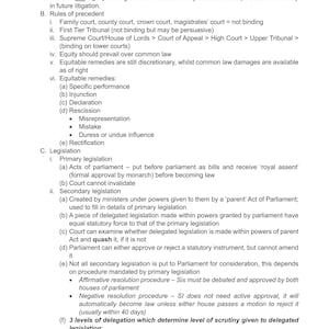 May include: A black and white text document with the heading "Public Law & Legal Systems". The document outlines the sources of law, including obiter dicta, rules of precedent, and legislation. It also discusses primary and secondary legislation, including the process of creating and approving laws.