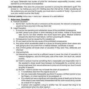 May include: A black and white text document with the title "Criminal Law" and a section titled "Actus reus: Causation". The document discusses the legal concept of causation in criminal law, outlining the "but for" test and the concept of legal causation.
