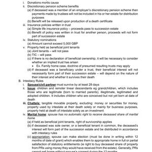 May include: A black and white document with the title "Distributions of Estates and Intestacy" outlining the legal rules for distributing property after death. The document includes sections on donations mortis causa, discretionary pension scheme benefits, insurance policies written in trust, statutory nominations, and property held as beneficial joint tenants.
