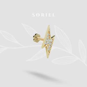 Piercing all'orecchio a forma di fulmine, con retro piatto, in oro 14 carati, con pietra zirconia cubica, per cartilagine, trago, bullone, elica, lobo, piccoli orecchini flash.