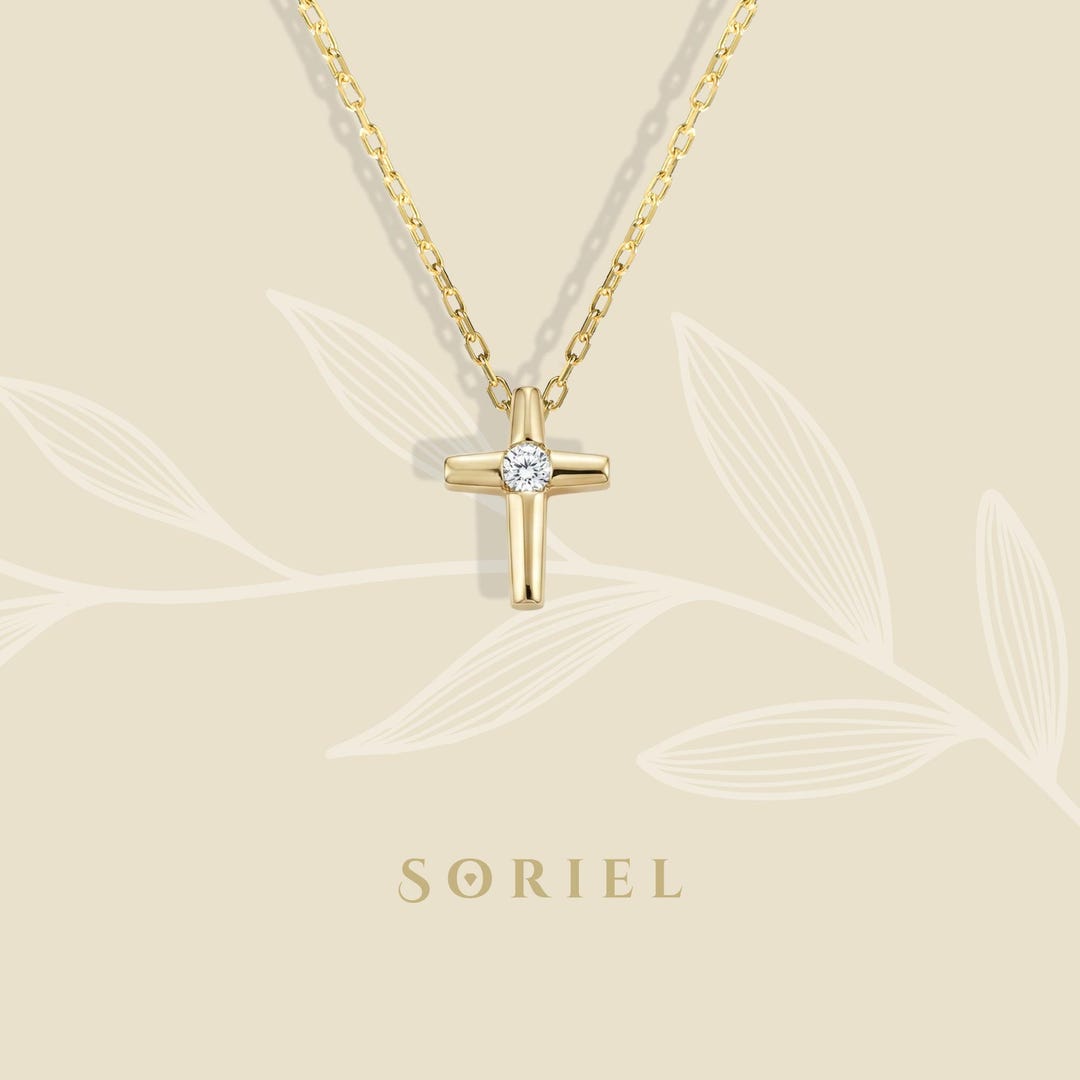 14K Gold Cross Solitaire Diamond Necklace Dainty Crucifix Minimalist - Etsy