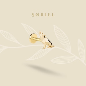 14K Solid Gold Geometric Howling Wolf Flatback Ear Piercing Tragus Wolf Helix Lobe