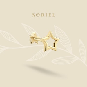 Brincos de ouro maciço 14K com fundo plano e estrela vazada, piercing de tragus, brinco celestial, brinco de cartilagem de lóbulo, joias pequenas e simples