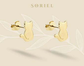 Orecchini a lobo a forma di gatto in oro 14 carati, orecchini minimali a forma di animali, argento