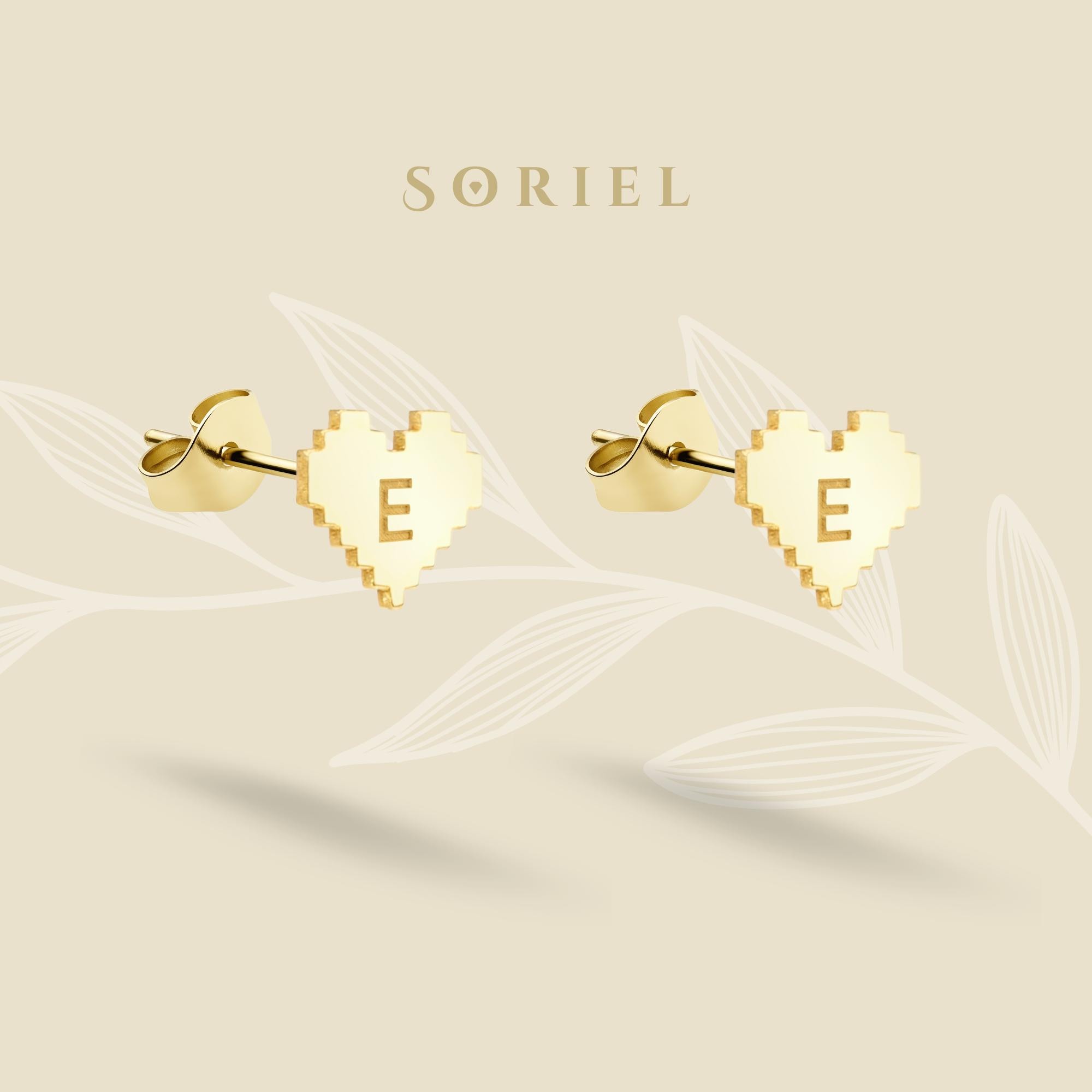 14K Gold Pixel Heart Custom Initial Earrings Minimal Lobe Studs Silver