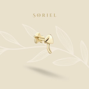14K Solid Gold Mushroom Flat Back Earrings Tiny Threadless Tragus Jewelry Everyday Earring Studs Fungi Earring Cartilage Helix Lobe 18 Gauge