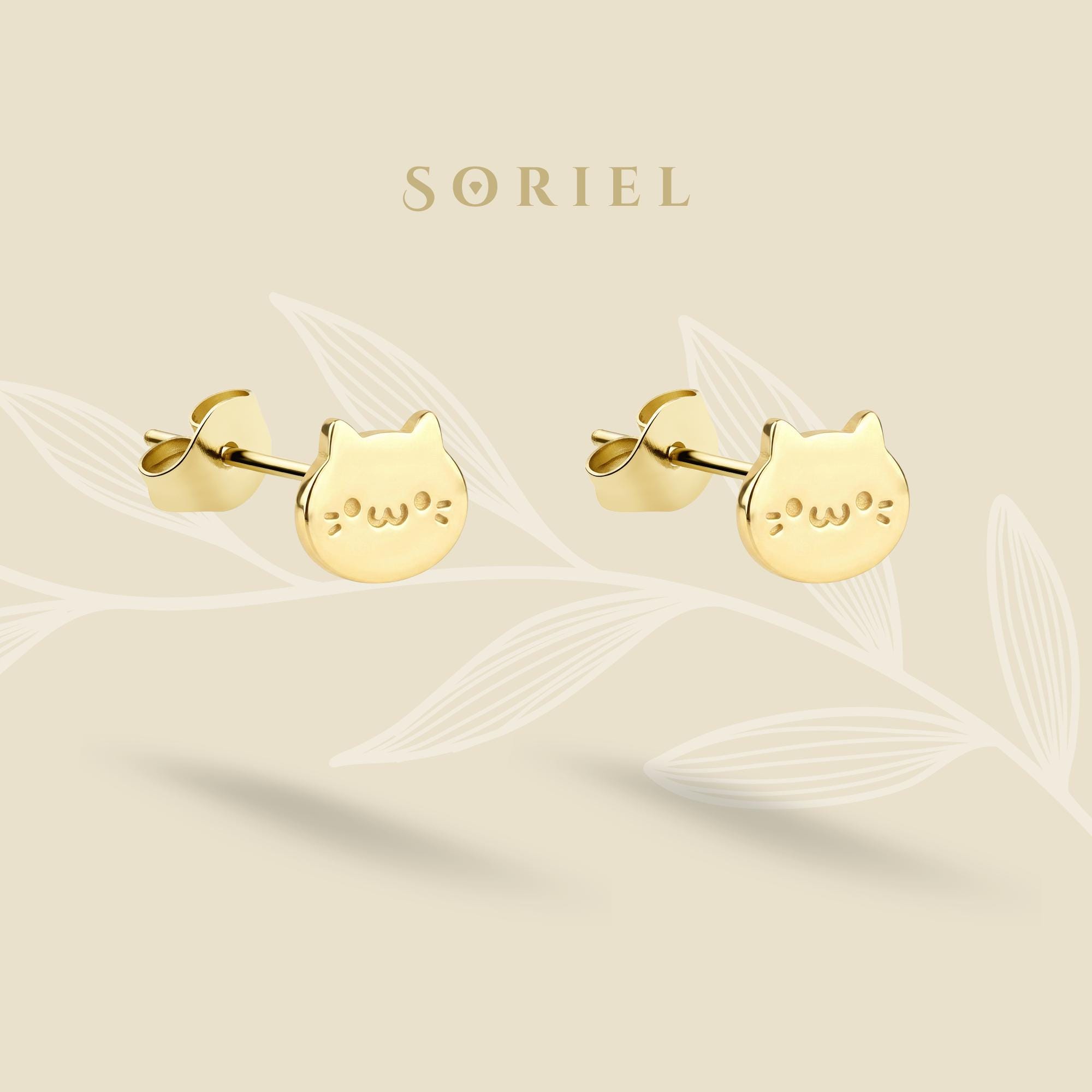 14K Gold Cute Cat Earrings Lobe Kitten Earring Studs Minimal Silver