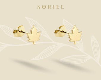 14K Gold Leaf Earrings Minimal Earring Studs Silver Lobe Canadian Maple