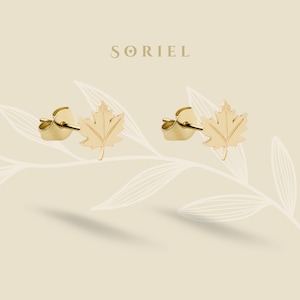 以下が含まれることがあります： カエデの葉の形をした、金色のスタッドピアス。ピアスは、上部にブランド名「SORIEL」が入った、明るいベージュ色の背景に表示されています。繊細なジュエリーアイテムです。