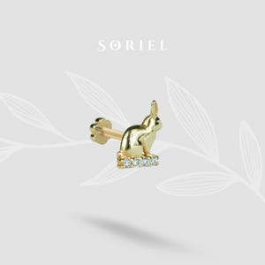 14K Solid Gold Easter Bunny Flatback Ear Piercing with CZ Stone Cartilage Helix Tragus Rabbit Earring Ear Animal Earrings Threadless Jewelry