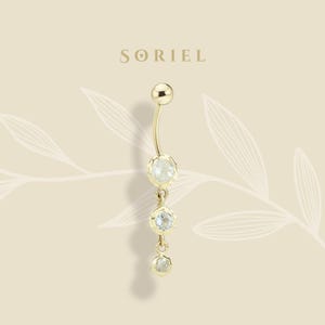 14K Solid Gold CZ Drop Stalactite Belly Ring Dainty Navel Body Belly Button Real Gold Threaded Minimalist Everyday Barbell Piercing Ring