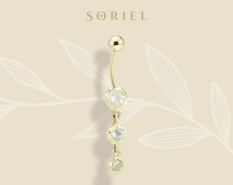 14K Solid Gold CZ Drop Stalactite Belly Ring Dainty Navel Body Belly Button Real Gold Threaded Minimalist Everyday Barbell Piercing Ring
