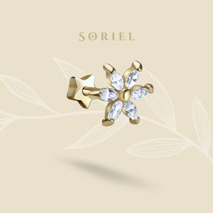 Brincos retos de zircônia cúbica com fundo plano e estrela em ouro maciço 14K, brincos de flor de cartilagem, pinos de hélice, lóbulo tragus, brinco floral bem pequeno