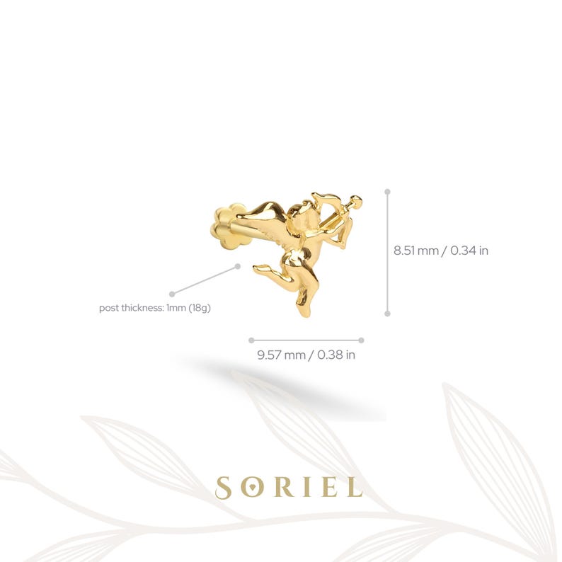 May include: A gold-coloured earring featuring a Cupid design with a bow and arrow. The earring measures 9.57 mm wide and 8.51 mm high. The post thickness is 1mm (18g). The brand name "SORIEL" is at the bottom.