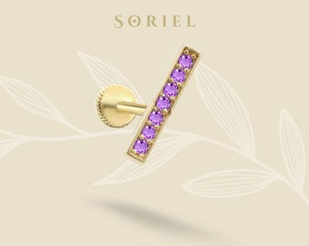 May include: A gold bar earring with a row of purple gemstones. The earring is designed for a cartilage piercing.