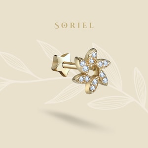 Orecchini a bottone con fiore del vento in oro massiccio 14 carati, con zirconi cubici e parte posteriore piatta, orecchini a bottone con fiore del trago, orecchini a bottone con elica e cartilagine, orecchini a bottone con lobo, piercing floreale semplice e minuscolo