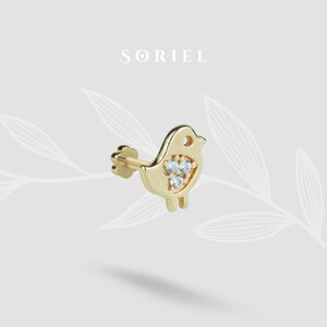 14K Solid Gold Bird Flatback CZ Flat Back Earrings Tragus Animal Earrings Helix Tiny Earring Studs Cartilage Piercing Lobe Simple Real