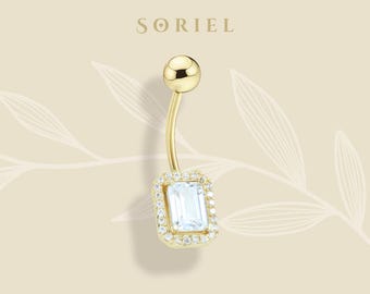 14K Solid Gold CZ Rectangle White Belly Ring Belly Dainty Navel Button Body Real Gold Clicker Simple Everyday Barbell Jewelry Piercing Ring