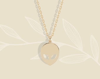 14K Solid Gold Alien Face Pendant Necklace Silver Minimalist Dainty