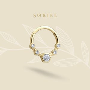 14K Solid Gold CZ Hexa Clicker Hoop Earring Forward Cartilage Septum Nose Helix Drop Earrings Conch Ear Piercing Everyday Jewelry Tiny