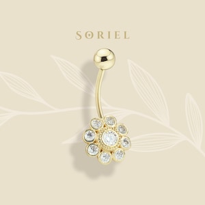 14K Solid Gold CZ Daisy Belly Ring Flower Piercing Belly Button Dainty Navel Body Clicker Real Gold Simple Navel Piercing Barbell Jewelry