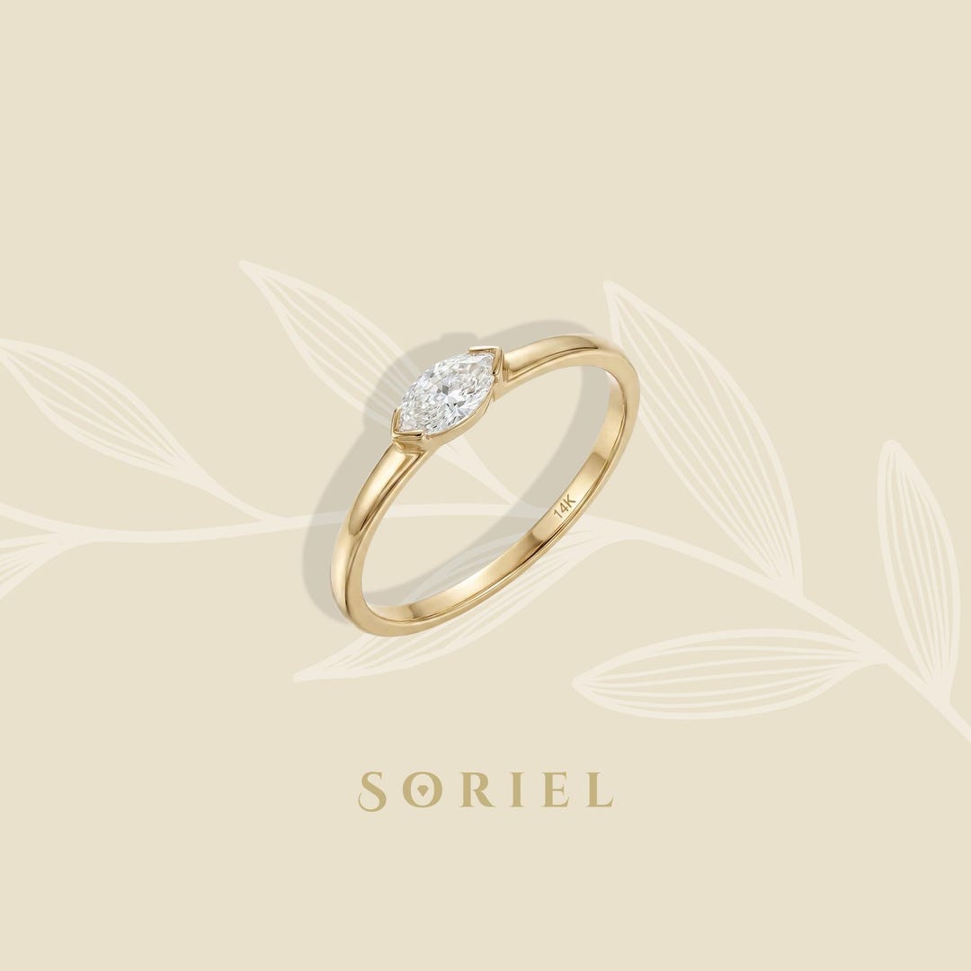 Drop Stone Diamond Ring 14K Solid Gold Dainty Thin Ring Minimalist Drop ...