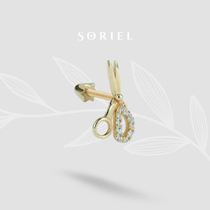 Scissors Flatback Ear Piercing 14K Gold with CZ Stone Helix Earring Studs Hairdresser Earrings Cartilage Tragus Lobe Threadless Tiny