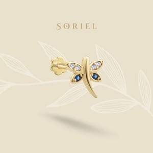 14K Solid Gold Dragonfly CZ Flat Back Earrings Animal Earring Cartilage Fairycore Earring Tragus Helix Lobe Earring Studs Minimalist Real