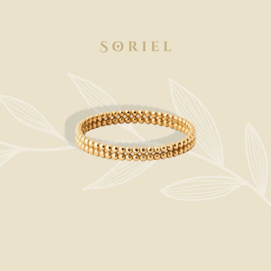 14K Solid Gold Minimalist Double Beaded Band Ring Dainty Thin ...