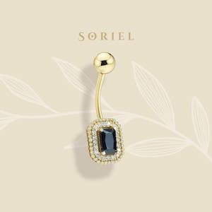 14K Solid Gold CZ Rectangle Black Belly Ring Dainty Navel Button Body Minimalist Clicker Simple Real Gold Barbell Piercing Jewelry Ring