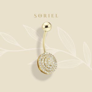 14K Solid Gold CZ Round Belly Ring Belly Button Dainty Body Navel Real Gold Everyday Threaded Clicker Ring Jewelry Barbell Piercing