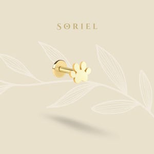 Può includere: Orecchino a bottone con zampa dorata. L'orecchino presenta un retro piatto e rotondo con un perno dritto e un design a zampa. La parola "SORIEL" è stampata in oro nella parte superiore dell'immagine.