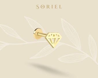 14K Solid Gold Diamond Shape Flatback Ear Piercing Cartilage Helix Tragus Lobe Ear Jewelry Threadless Minimalist Tiny Real Simple Everyday