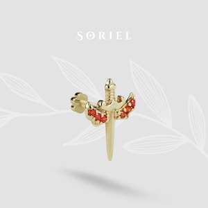 Orange Sword Flatback Ear Piercing 14K Gold with CZ Stone Helix Tragus Cartilage Blade Earring Studs Warrior Earrings Everyday Jewelry Tiny