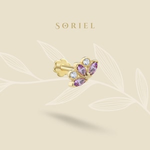 Orecchini a bottone in oro massiccio 14 carati con zirconi cubici a fondo piatto, piercing rosa al trago, cartilagine, elica, piccoli piercing all'orecchio, orecchini a bottone, lobo, gioielli senza fili