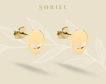 Pendientes de oro de 14 quilates con forma de cara de alienígena, pendientes de lóbulo, pendientes de plata minimalistas.
