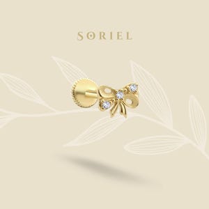 14K Solid Gold Ribbon Bow CZ Flat Back Earrings Helix Bow Earrings Cartilage Lobe Tragus Studs Ear Piercing Simple Real Jewelry Tiny