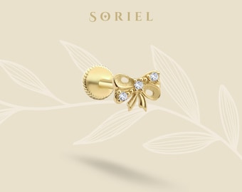 Pendientes de oro macizo de 14 quilates con lazo de cinta y circonita cúbica en la parte posterior plana, con lazo para hélice, cartílago, lóbulo, trago, piercing para oreja, joyería sencilla y auténtica.