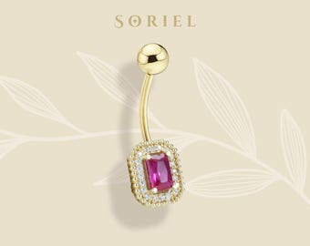 14K Solid Gold CZ Rectangle Pink Belly Ring Body Dainty Navel Belly Button Everyday Real Gold Clicker Threaded Piercing Barbell Ring