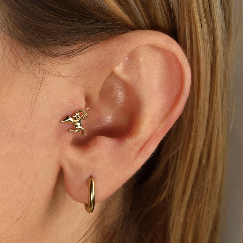 Cupid angel 14K gold flatback ear piercing stud for cartilage helix tragus lobe everyday jewelry gift valentine