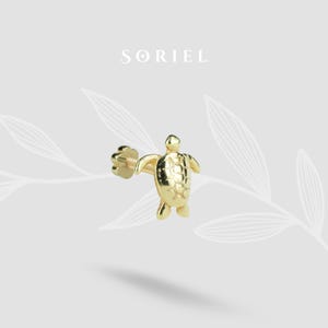 May include: A gold-coloured turtle stud earring. The earring features a detailed turtle design with a textured shell and outstretched flippers. The earring post has a flower-shaped backing. The brand name "SORIEL" is at the top.