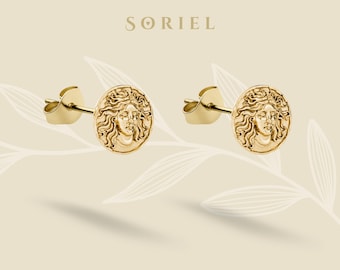 Pendientes de botón Medusa de oro de 14 quilates, pendientes minimalistas para el lóbulo, pendientes de botón sencillos de plata.