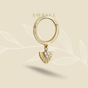 14K Solid Gold CZ Triangle Dangle Hoop Earring Septum Cartilage Conch Tiny Nose Helix Forward Daith Ear Piercing Real Jewelry Everyday