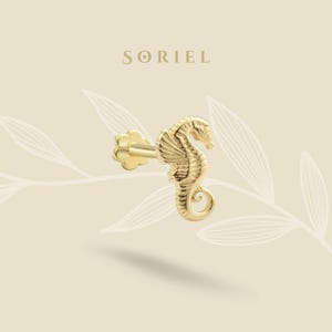 14K Solid Gold Seahorse Flat Back Earrings Cartilage Animal Earring Helix Lobe Ocean Piercing Earring Studs Ear Piercing Tiny Threadless