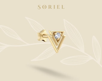 14K Solid Gold Triangle Glow CZ Flat Back Earrings Earring Studs Ear Piercing Cartilage Tragus Lobe Geometric Real 18 Gauge Jewelry