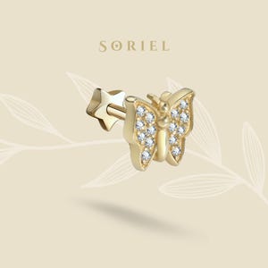 14K Solid Gold Butterfly CZ Flat Back Earrings Tragus Lobe Fairycore Jewelry Cartilage Whimsical Earring Helix Studs Threadless Tiny