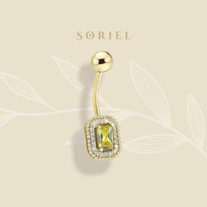 14K Solid Gold CZ Rectangle Yellow Belly Ring Button Belly Dainty Navel Body Everyday Minimalist Clicker Real Gold Barbell Jewelry Piercing