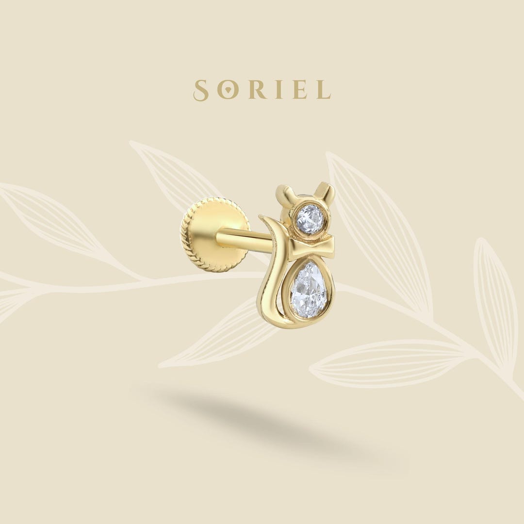 14K Gold Feline Diamond Kitty Cat Ear Piercing CZ Stone Lobe - Etsy