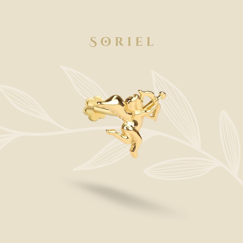 14K solid gold angel of love flatback ear piercing for helix tragus cartilage lobe earring studs cupid valentine jewelry